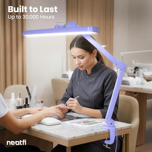 Neatfi XL 2,500 Lumens 30W LED Task Lamp for Manicure Table, Crafts, Workbench, Office – 22” Wide Shade Desk Light | Eye-Caring 6500K | 4-Level Brightness (Lavender, Non-CCT with Clamp) - color: Lavender