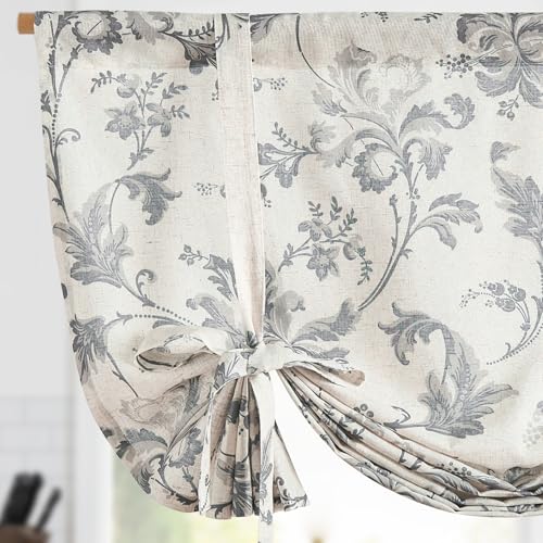 jinchan Linen Blend Kitchen Valance Curtain, Tie up, 42x54, 1 Panel, Grey | Light filtering, linen blend, rod pocket, farmhouse style, rustic decor, kitchen, bathroom, laundry room, RV, small windows - color: Botanical | Grey on Linen, size: 42"W x 54"L (