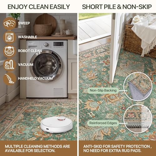 2x5 Hallway Runner Rugs Non Slip Washable Runner for Entryway Bathroom Kitchen Bedroom, Boho Green Runner, Thin Low Pile Chenille Carpet with Rubber Backing, Dark Sage/Gold - color: Sage/Gold, size: 2' x 5' (Rectangular)