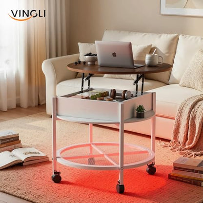 VINGLI 27" Round Lift Top Coffee Table with Wheels & Lights, White & Brown | Removable Coffee Table with Hidden Compartment Storage & Metal Shelf, Small Farmhouse Coffee Tables for Living Room, Office - color: White & Brown