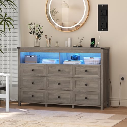 9 Drawer Dresser for Bedroom with LED Lights, Charging Station, Wood Chest of Drawers with Metal Handles, Modern TV Stand & Storage Organizer for Bedroom, Hallway, Grey - color: Grey, style: LED 9 Drawers