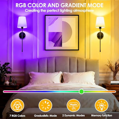 OCATO Wall Sconces Battery Operated 10000mAh Wireless Wall Sconces Set of 2 | Rechargeable Wall Lights with 10000mAh Dimmable Bulbs and Remote 7 Colors Wireless Wall Lamps for Bedroom Living Room Hallway - color: Black