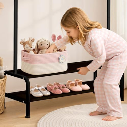 mirolam Kids Clothing Rack - Small Garment Rack - Small Kids Costume Wardrobe Rack with 2 Fabric Floors Storage Shelf - Mini Short Baby Toddler Clothes Rack - color: Black