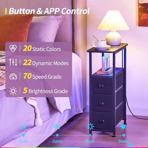 Narrow End Table with Charging Station, Narrow Side Table with Drawer, Small Nightstand with LED Light, Skinny Nightstand, Small Bedside Table for Living Room, Bedroom, Couch, Black - color: Black, size: 7.9" W x 18.9" D, style: Power + Light