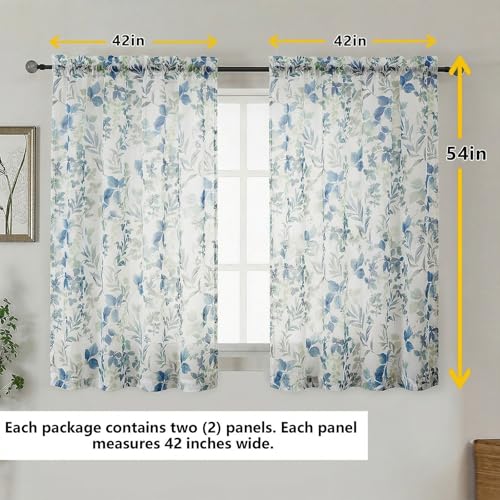 Printing Sheer Curtians 54 Inch Length Kitchen Curtain 2 Panels Set, Rod Pocket Printing Small Window Living Room Curtains with Floral Leaves, Light Filtering Short Curtains, Blue, 42"x54" - color: Blue/Multi, size: 42"W x 54"L (Pack of 2)