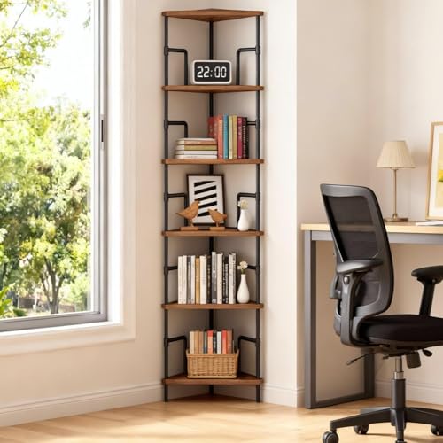 MAHANCRIS 6-Tier Corner Shelf, 65" Tall Corner Bookshelf with Metal Frame, Narrow Display Shelf Stand, Industrial Corner Bookcase for Living Room, Bedroom, Home Office, Rustic Brown CSHR6601 - color: Rustic Brown, size: 6 Tier
