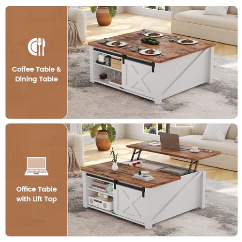 SEDETA 31.5" Lift Top Coffee Table with Storage, Square Coffee Tables for Living Room, Farmhouse Coffee Table with Large Hidden Storage Compartment and Adjustable Shelves, White - color: White