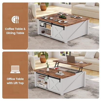 SEDETA 31.5" Lift Top Coffee Table with Storage, Square Coffee Tables for Living Room, Farmhouse Coffee Table with Large Hidden Storage Compartment and Adjustable Shelves, White - color: White