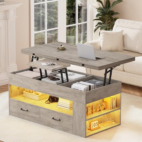 Itaar Lift Top Coffee Table, 4 in 1 Coffee Tables with Storage and Hidden Compartment, Farmhouse Coffee Table with 2 Fabric Drawers & LED Light for Living Room, Grey Oak - color: Grey Oak