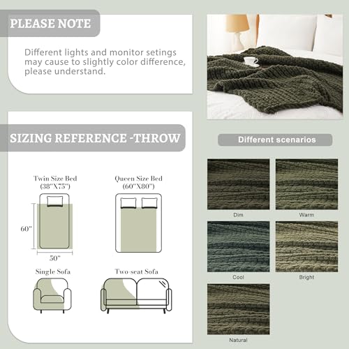 Olive Green Chunky Knit Throw Blanket, Knit Throw Blanket for Couch 50"x60" | Soft Thick Green Chenille Throw Blanket, Handmade Cable Knit Crochet Blanket for Bed, Sofa, Living Room - color: Olive Green