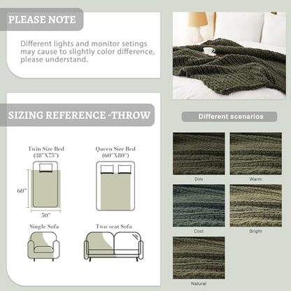 Olive Green Chunky Knit Throw Blanket, Knit Throw Blanket for Couch 50"x60" | Soft Thick Green Chenille Throw Blanket, Handmade Cable Knit Crochet Blanket for Bed, Sofa, Living Room - color: Olive Green