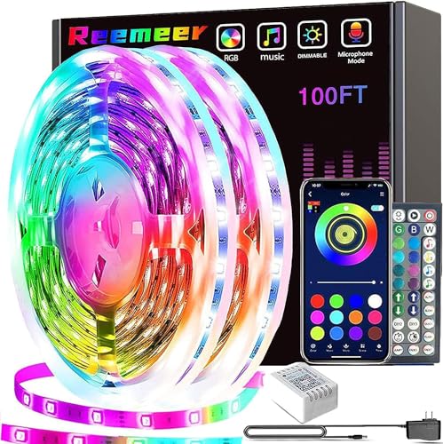 REEMEER Led Lights 100ft Smart APP Control Music Sync Strip Lights RGB Color Changing Strips with Remote, for Bedroom Kitchen and Party - size: 100 ft