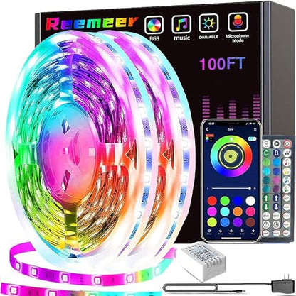 REEMEER Led Lights 100ft Smart APP Control Music Sync Strip Lights RGB Color Changing Strips with Remote, for Bedroom Kitchen and Party - size: 100 ft