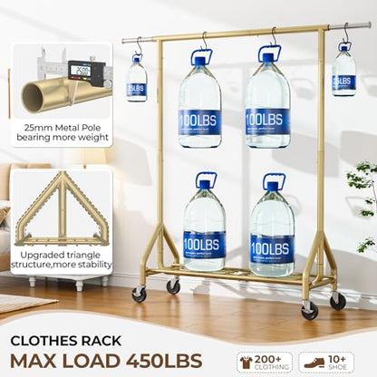 HYSEYY Heavy Duty Clothes Rack Load 450 LBS, Metal Garment Rack, Standing Rolling Clothing Rack for Hanging Clothes with Sturdy Wheels & Shelves, Portable Closet Wardrobe Rack,Gold - color: Gold