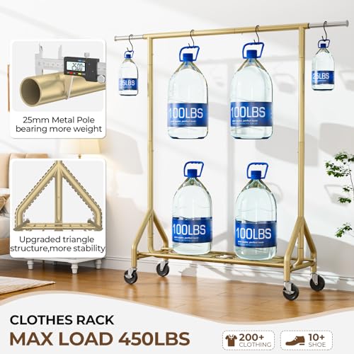 HYSEYY Heavy Duty Clothes Rack Load 450 LBS, Metal Garment Rack, Standing Rolling Clothing Rack for Hanging Clothes with Sturdy Wheels & Shelves, Portable Closet Wardrobe Rack,Gold - color: Gold