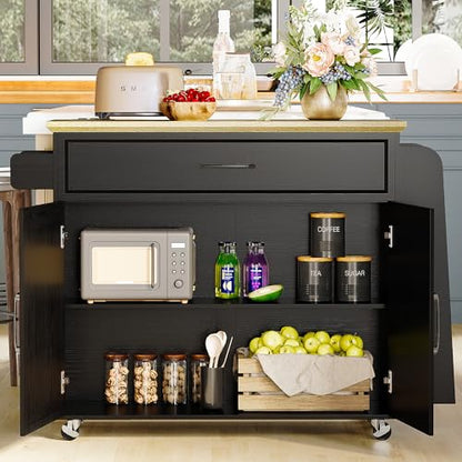 IRONCK Kitchen Island with Drop Leaf, 35.4" W Rolling Kitchen Table, Black | Rolling Kitchen Cart with Storage Cabinets, Drop Leaf, Built-in Power Outlet & Lockable Wheels for Kitchen Organization - size: 35.4-Inch