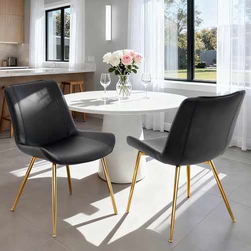 Dining Chairs Set of 2, PU Leather Armless with Metal Legs Black, Gold Legs | Fits Dining Rooms, Kitchens, Waiting room, Living rooms, Offices & Cafes, Easy to Clean Easy to assemble Adjustable Foot Pads - color: Black With Gold Legs