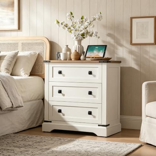 T4TREAM 32" Farmhouse 3 Drawer Dressers, Large End Table w/Charging Station | Rustic Wood Bedside Table for Bedroom, Living Room, Hallway, Antique White - color: Antique White, size: 15.8"D x 32"W x 32"H (3 Drawers)