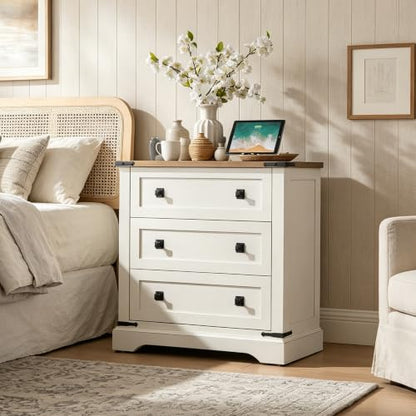 T4TREAM 32" Farmhouse 3 Drawer Dressers, Large End Table w/Charging Station | Rustic Wood Bedside Table for Bedroom, Living Room, Hallway, Antique White - color: Antique White, size: 15.8"D x 32"W x 32"H (3 Drawers)