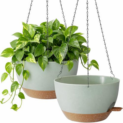 TYMENSH Hanging Plant Pots 12 Inch Set of 2, Self Watering Hanging Planters with Drainage Holes, Removable Saucer, Durable Plastic Flower Pots with Chains for Indoor Outdoor Plants, Green - color: Green