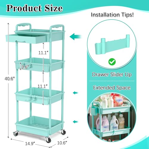 SUNALLY 4 Tier Rolling Cart with Drawer, Craft Storage Cart Organizer, Blue | Bathroom Storage Organizer with 2 Lockable Wheels, Rolling Utility Cart for Kitchen, Office, Baby, Makeup, Nail,Snack,Laundry - color: Blue, size: 4 Tier