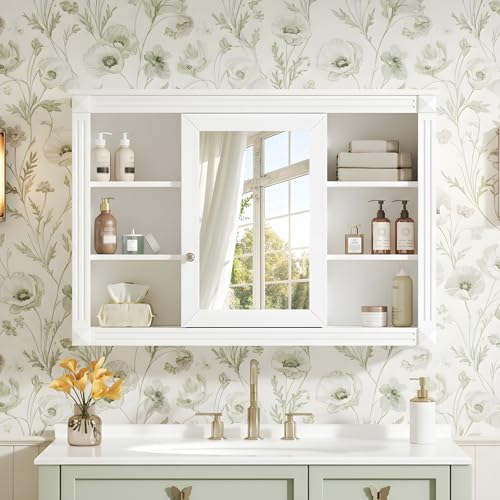 Merax Bathroom Medicine Cabinet with Mirror Door & Adjustable Shelf | 42" x 28" Wall Mounted Bathroom Storage Cabinet with Mirror, Over the Toilet - color: White, size: 42"