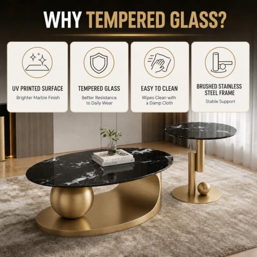 FT Global 2-Piece Nesting Coffee Table Set, 47.2-Inch Oval Coffee Table with 19.7-Inch Round End Table, Black UV-Printed Tempered Glass Tops, Brushed Gold Stainless Steel Bases