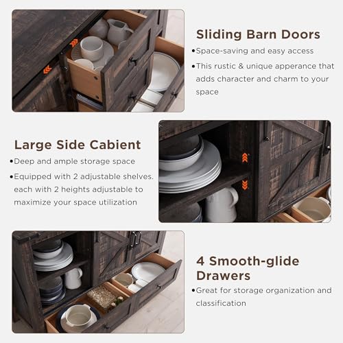 T4TREAM 48" Wide Farmhouse Sideboard Buffet Cabinet, Dark Rustic Oak | 31.2" Tall Kitchen Cabinet with Storage, 2 Sliding Barn Doors, 4 Drawers, Rustic Wood, Coffee Bar Table, Dining Room - color: Dark Rustic Oak