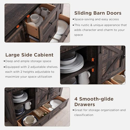T4TREAM 48" Wide Farmhouse Sideboard Buffet Cabinet, Dark Rustic Oak | 31.2" Tall Kitchen Cabinet with Storage, 2 Sliding Barn Doors, 4 Drawers, Rustic Wood, Coffee Bar Table, Dining Room - color: Dark Rustic Oak