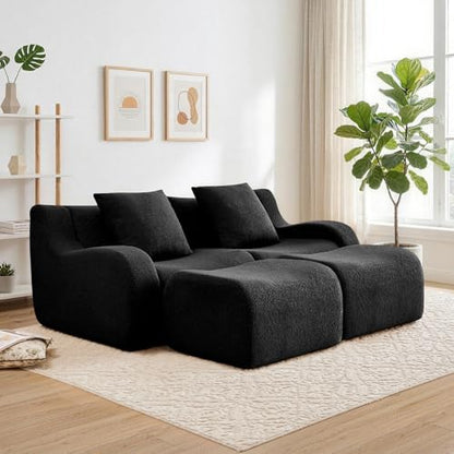 81.7” Sectional Boneless Sofa Couches, 2 Seater U-Shaped, Streamlined Design, No Assembly Modular Teddy Fabric Sofa for Living Room, Bedroom, Apartment, Home Office (Black) - color: Black02, size: 2Seat+2Ottoman