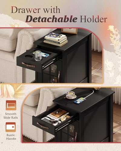WLIVE End Table with Charging Station, Narrow Side Table for Living Room, Farmhouse Night Stand with Storage, Small Wooden Cabinet Nightstand with USB Ports and Outlets, 23.62" D x 13.78" W x 23.62" H - color: Black