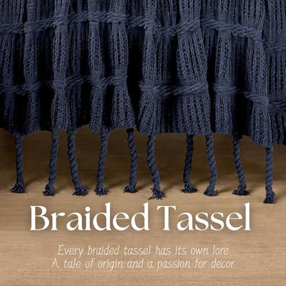 Boho Knitted Chenille Blanket with Tassels - Lightweight & Soft All-Season Throw - 3D Classic Pattern for Living Room Bedroom Couch, Royal Blue, Throw 50"x60" - color: Royal Blue, size: Throw