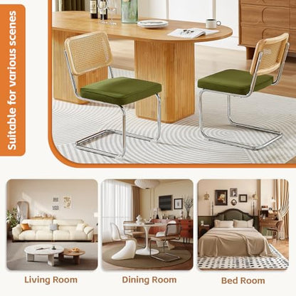 Rattan Dining Chairs Set of 2,Velvet Cesca Chair Kitchen Chair,Olive Green | VICBARLEY Mid Century Modern Dining Chairs,Wood Cane Backrest&Chrome Base,Upholstered Side Chair for Dining Room,Kitchen - color: Olive Green, size: Set of 2