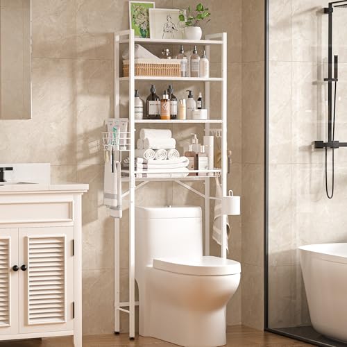Over-The-Toilet Storage Rack, 4-Tier Bathroom Organizer Shelf Over Toilet with Adjustable Shelf and Basket, Freestanding Space Saver Bathroom Shelves Above Toilet for Room(White) - color: White