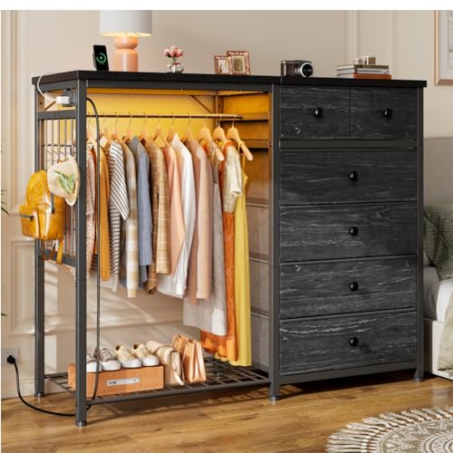 EnHomee 125cm W 드레서, 걸이용 랙 및 서랍 6개, 그리드 패널 및 후크 4개 포함 | LED 조명 및 충전 스테이션, 침실용 나무 상단 정리 유닛, 스틸 프레임이 있는 서랍장, 블랙 - color: 블랙.