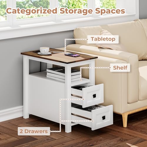 VVFLU Farmhouse End Table with Charging Station and 2 Storage Drawers, White Wood Nightstand Narrow, Skinny Side Table Rustic, Slim Bedside Table, Open Shelf, Small for Bedroom, Living Room, Sofa - color: White/Wood