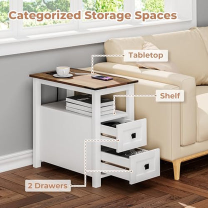 VVFLU Farmhouse End Table with Charging Station and 2 Storage Drawers, White Wood Nightstand Narrow, Skinny Side Table Rustic, Slim Bedside Table, Open Shelf, Small for Bedroom, Living Room, Sofa - color: White/Wood