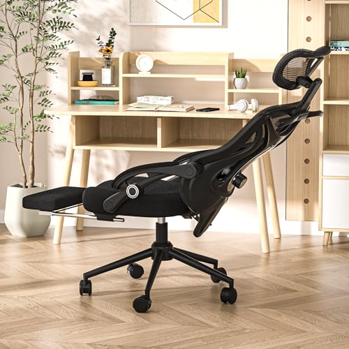 CYKOV Ergonomic Office Chair, Reclining, Footrest, Adjustable Lumbar, 350LB | 4-Way Headrest (4.72" + 60°), 2-Way Lumbar (2" + 1.18"), 90-135° Recline, Breathable Mesh, Gaming & Office, 5-Year Warranty - color: Black