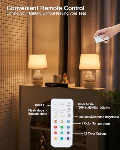 UMEXUS 13" Small Ceramic Cordless Table Lamp, Rechargeable Battery, Coastal | Timer, Dimmer, Linen Shade, Remote Control RGB & Warm Lights, Farmhouse Home Decor Kitchen Counter Living Room Side Table - size: Small-13"H-Rope accent design