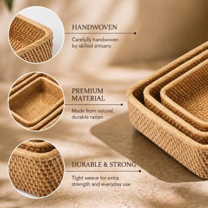 Yangqihome Natural Rattan Storage Baskets, Rectangular Woven Fruit Baskets, Decorative Wicker Basket and Small Baskets for Organizing (Set of 3) - size: Natural S / M / L