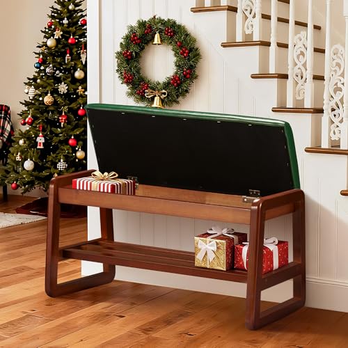 Solid Wood Shoe Rack with Flip-Top Storage, Entryway Shoe Bench with Cushion, 2 Tier Shoes Storage Organizer for Hallway, Living Room-(Green,31.5"-M) - color: Green, size: 31.5 inches