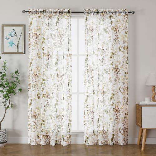 Crushed Semi Sheer Curtains 72 Inch Length 2 Panels Set, Printing Floral Pattern Rod Pocket Light Filtering Farmhouse Curtains for Bedroom Living Room, 2 Pieces 84 Inch Wide, 72 inch Long - color: Brown/Multi, size: 42"W x 72"L (Pack of 2)