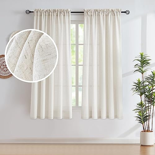 Flax Linen Curtains for Living Room 63 Inch Country Short Light Filtering Privacy Farmhouse Curtain Panels for Bedroom Rod Pocket Semi Sheer Window Drapes 52"w Crude 2 Panels Natural Beige - color: Flax Linen- Not See Through, size: 52"W x 63"L (Pack of 2