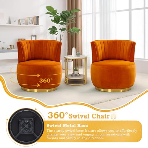 SLEERWAY 360° Swivel Barrel Chair, Modern Velvet Round Accent Chair, Comfy Upholstered Small Armchair with Gold Metal Base for Living Room Bedroom Nursery Office Sillas para Sala, Orange - color: Orange