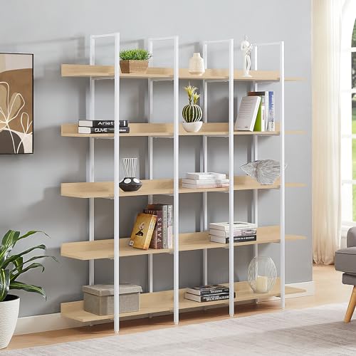 Harper & Bright Designs 5 Tier Bookcase Home Office Open Bookshelf, Vintage Industrial Style Shelf, MDF Board, White Metal Frame, Oak - color: White+oak