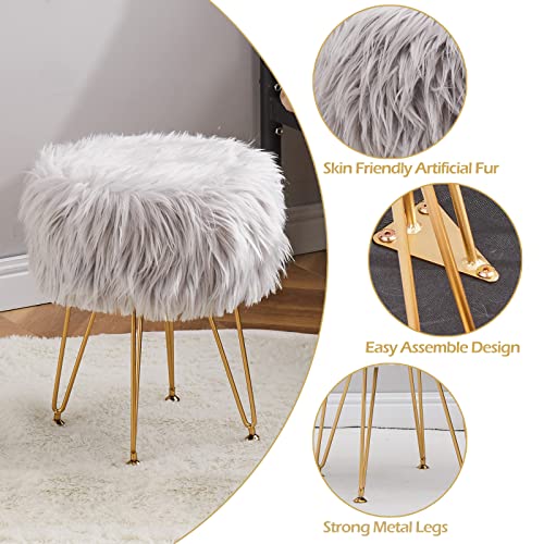 Faux Fur Storage Ottoman Round Furry Vanity Stool Marble Grain Tray Coffee Table Compact Footrest Stool with 4 Metal Legs Soft Makeup Seat Foot Stools for Living Room Bedroom Entryway Grey - color: Grey