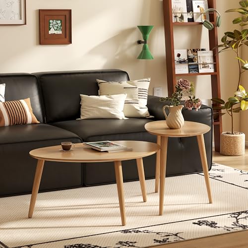 100% Solid Oak Wood Nesting Coffee Table, Small Oval Coffee Tables Set, Mid Century Modern Round Tables for Living Room, Pebble Side Table for Balcony (Nature, Combine) - color: Natural, size: Tall + Large - 2 Piece