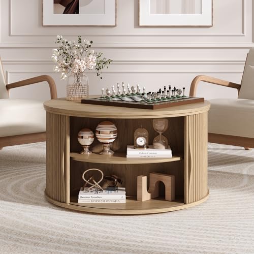 SULIVES Round Coffee Table with Lifting Top, Multifunctional Lift Top Drum Coffee Table with Sliding Door, Small Fluted Center Table for Living Room, Oak - color: Oak_round-lift-top