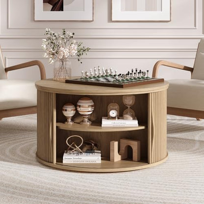 SULIVES Round Coffee Table with Lifting Top, Multifunctional Lift Top Drum Coffee Table with Sliding Door, Small Fluted Center Table for Living Room, Oak - color: Oak_round-lift-top