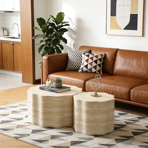 Nesting Coffee Table Set of 2, Modern Wood Center Table for Living Room, Faux Mars Pattern Side Table Accent End Table for Apartment Office, No Need Assembly (26.7"& 23.6") - color: 26.7"& 23.6" Beige Brown